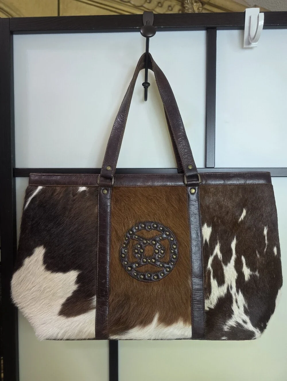 Stylish Oversize Brown Calf Hair Cowhide Leather Travel Patchwork Bag 21